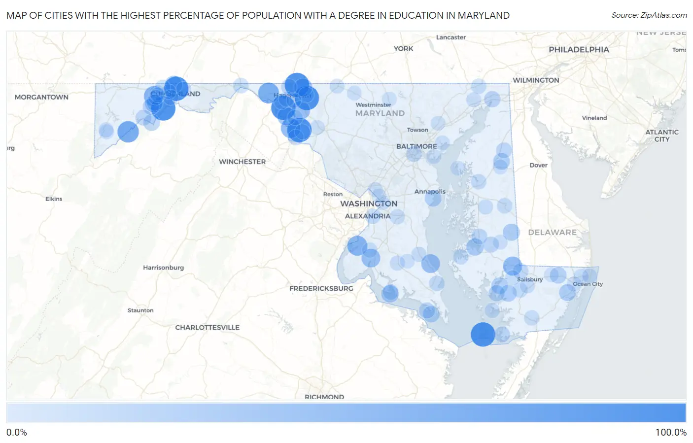 Cities with the Highest Percentage of Population with a Degree in Education in Maryland Map