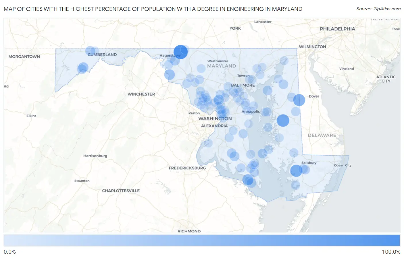Cities with the Highest Percentage of Population with a Degree in Engineering in Maryland Map