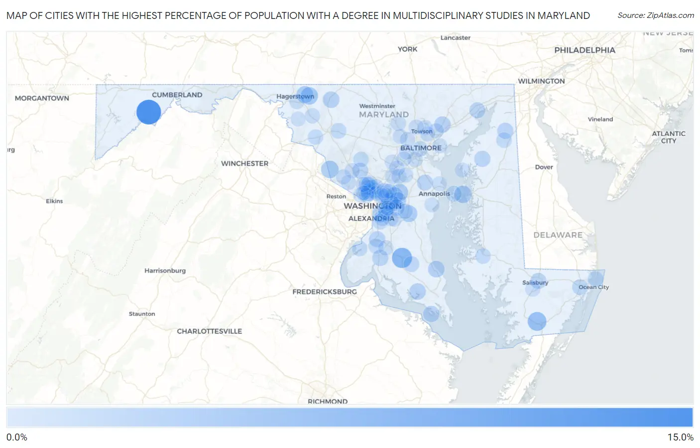 Cities with the Highest Percentage of Population with a Degree in Multidisciplinary Studies in Maryland Map