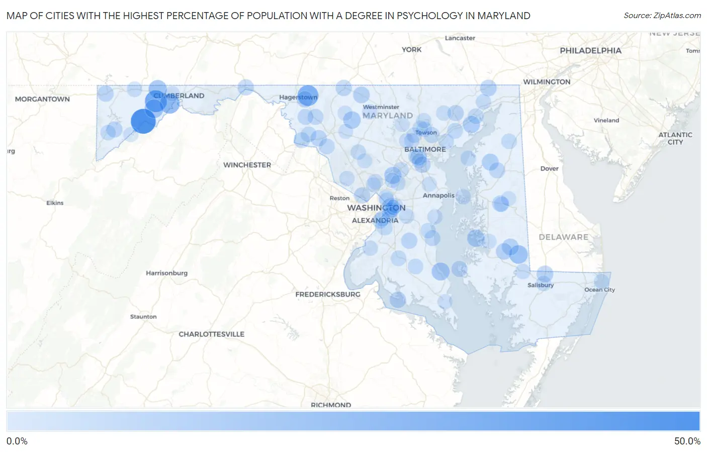 Cities with the Highest Percentage of Population with a Degree in Psychology in Maryland Map