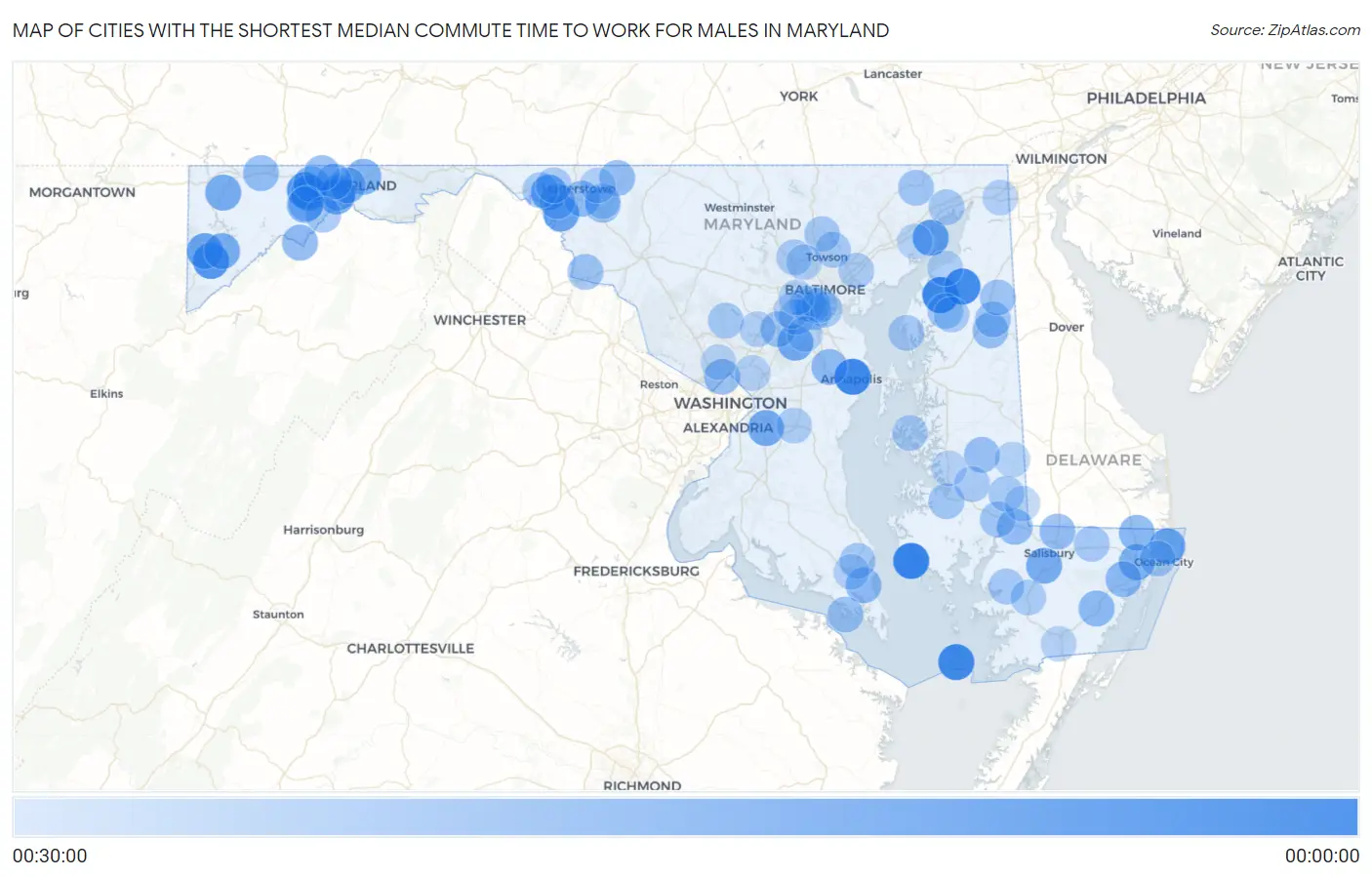 Cities with the Shortest Median Commute Time to Work for Males in Maryland Map