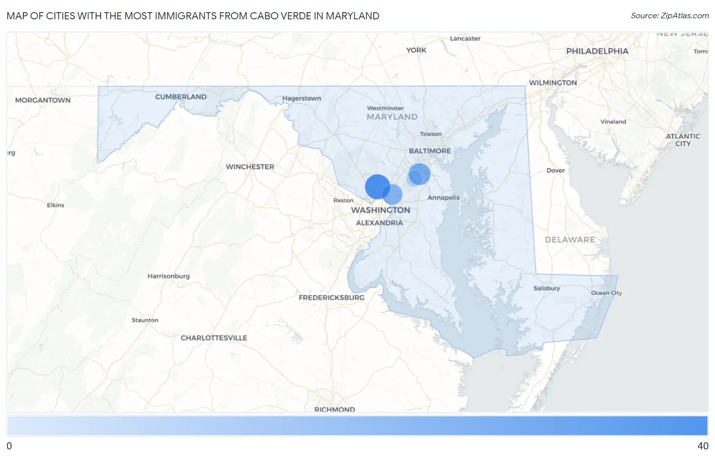 Cities with the Most Immigrants from Cabo Verde in Maryland Map