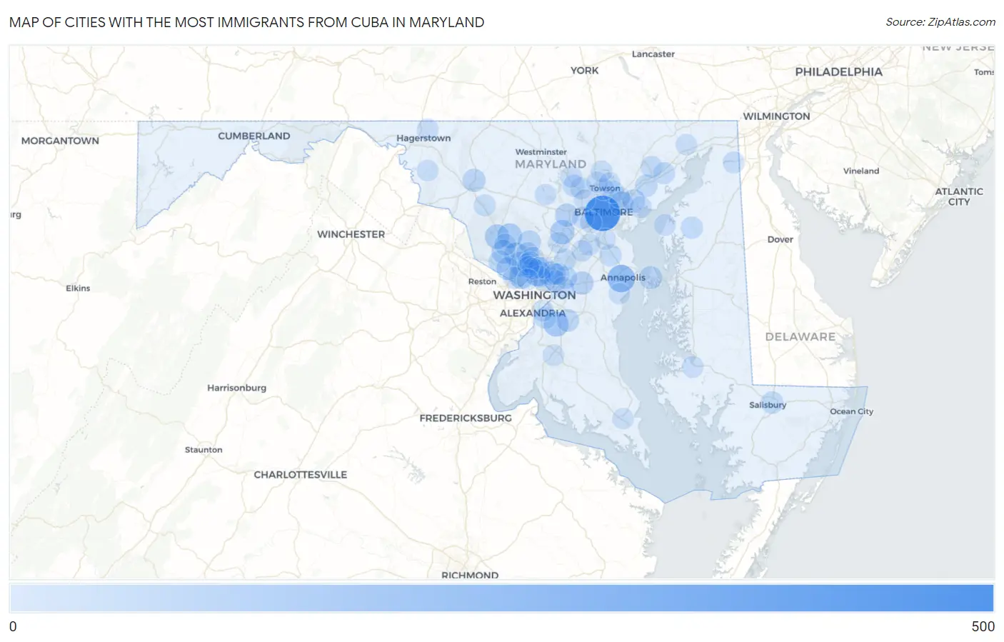 Cities with the Most Immigrants from Cuba in Maryland Map