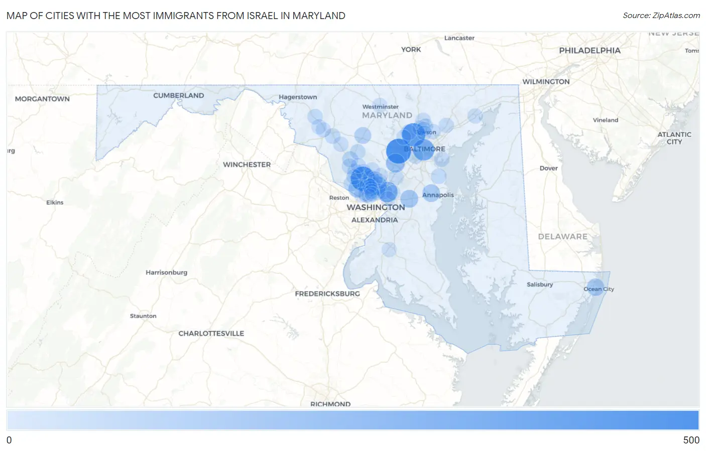 Cities with the Most Immigrants from Israel in Maryland Map