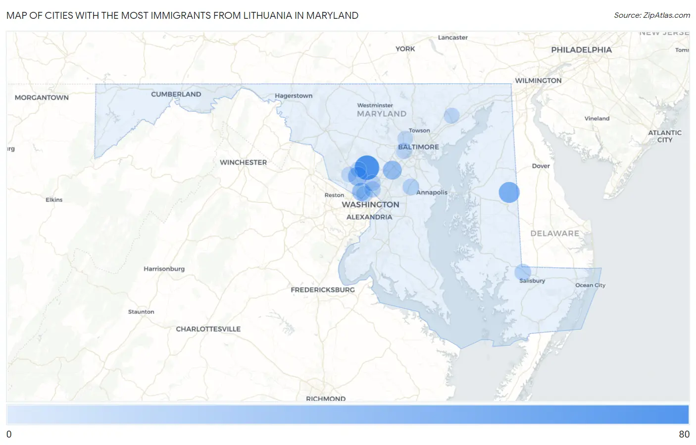 Cities with the Most Immigrants from Lithuania in Maryland Map