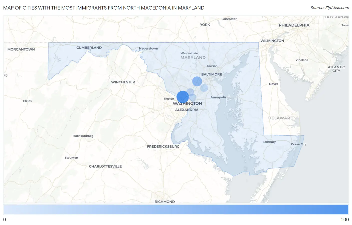 Cities with the Most Immigrants from North Macedonia in Maryland Map