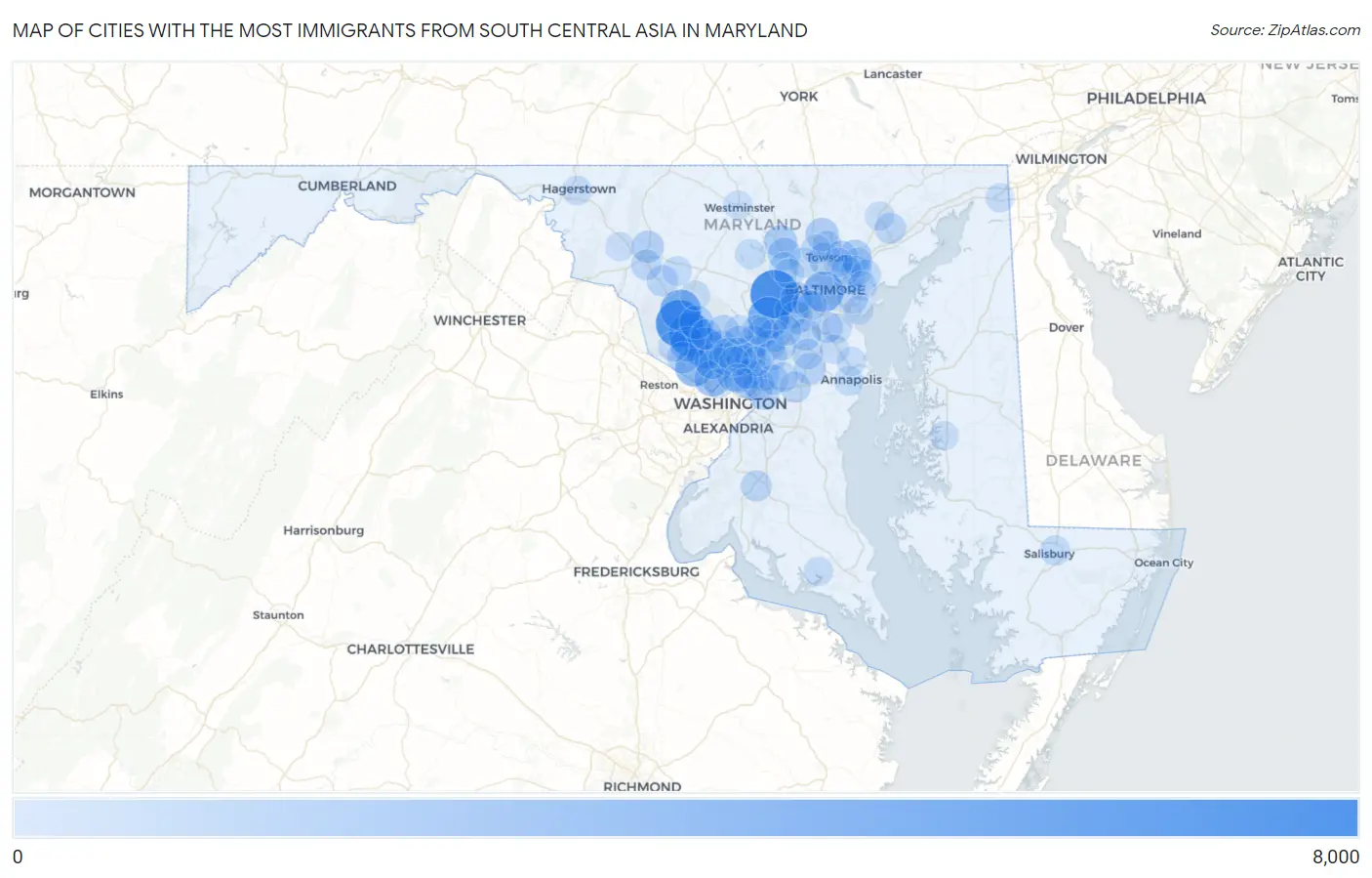 Cities with the Most Immigrants from South Central Asia in Maryland Map