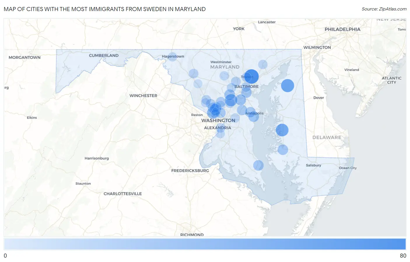 Cities with the Most Immigrants from Sweden in Maryland Map
