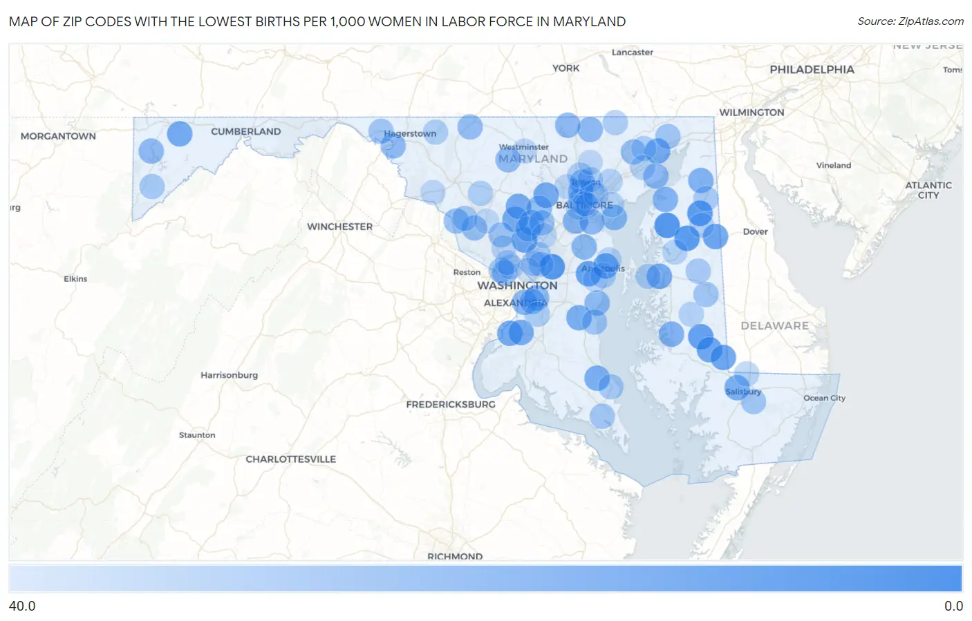 Zip Codes with the Lowest Births per 1,000 Women in Labor Force in Maryland Map