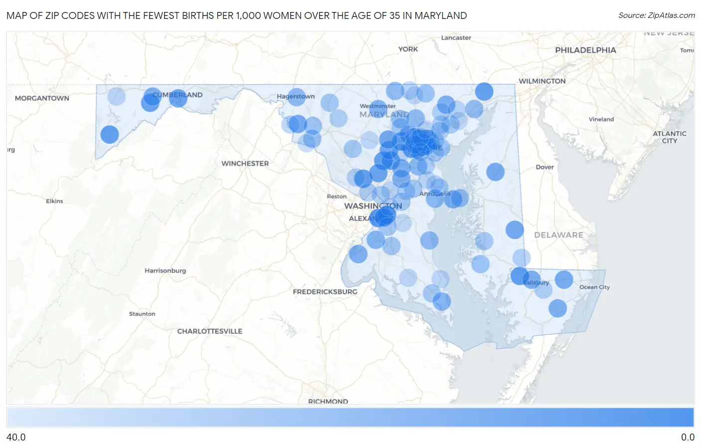 Zip Codes with the Fewest Births per 1,000 Women Over the Age of 35 in Maryland Map