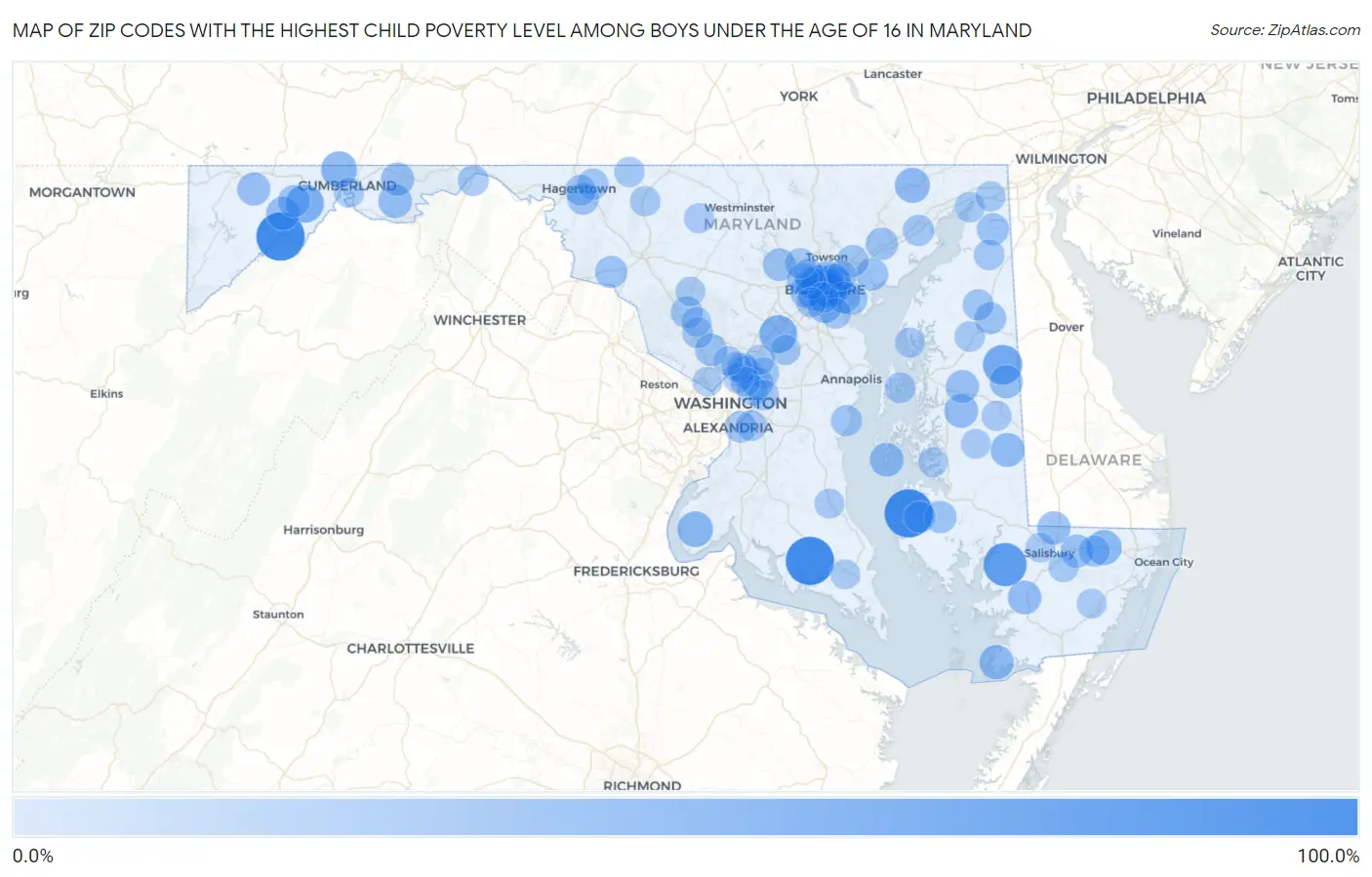 Zip Codes with the Highest Child Poverty Level Among Boys Under the Age of 16 in Maryland Map