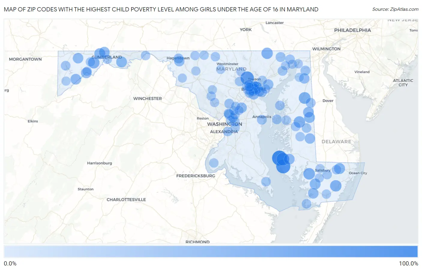 Zip Codes with the Highest Child Poverty Level Among Girls Under the Age of 16 in Maryland Map