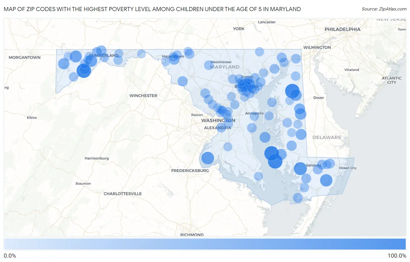 Zip Codes with the Highest Poverty Level Among Children Under the Age of 5 in Maryland Map