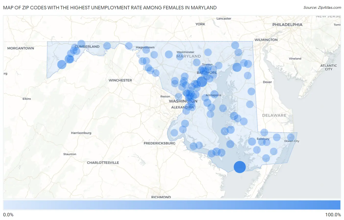 Zip Codes with the Highest Unemployment Rate Among Females in Maryland Map