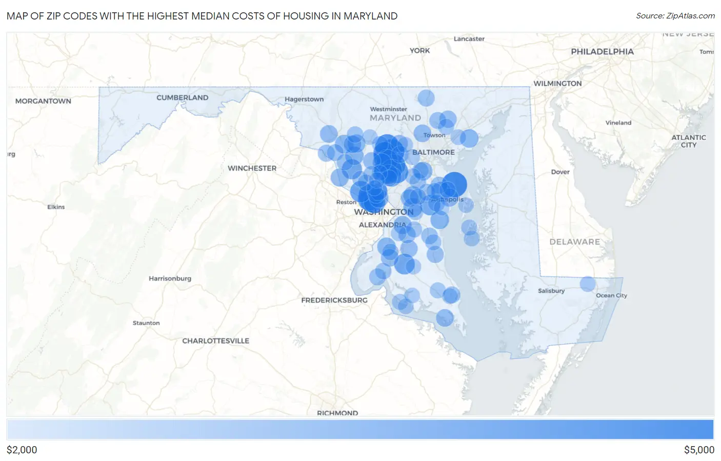 Zip Codes with the Highest Median Costs of Housing in Maryland Map