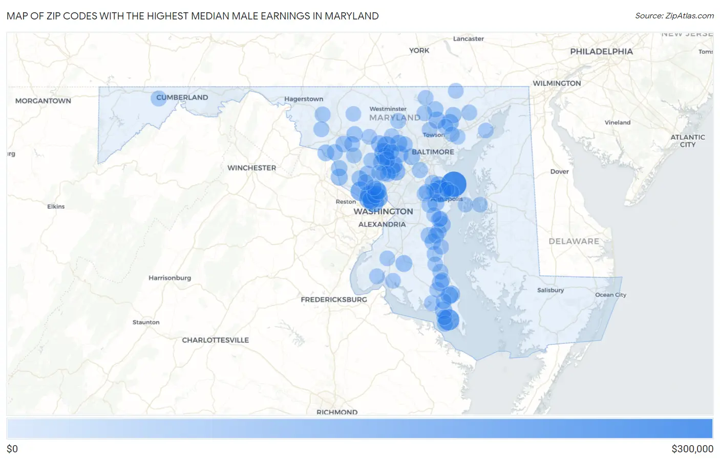 Zip Codes with the Highest Median Male Earnings in Maryland Map