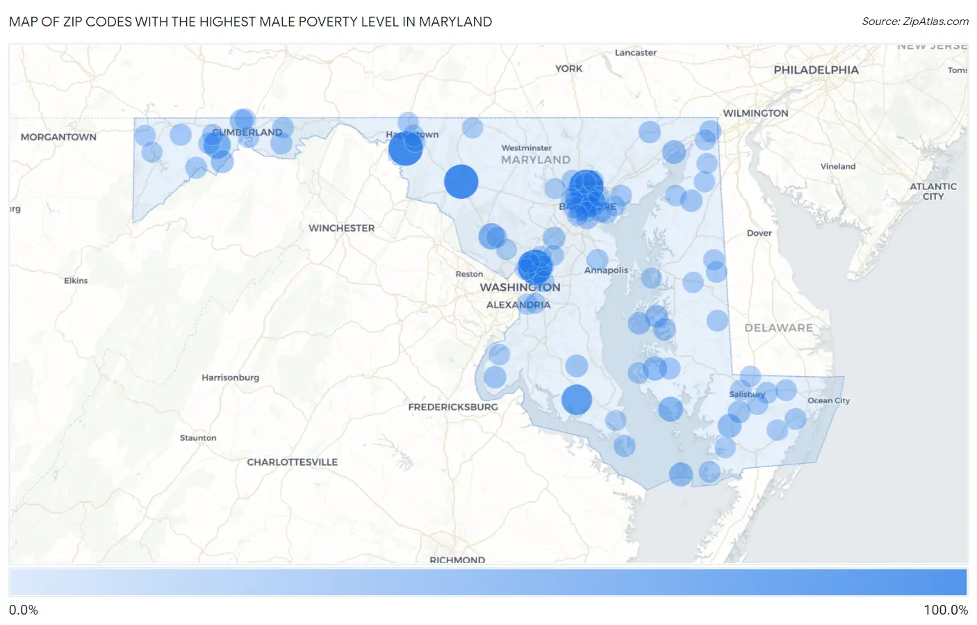 Zip Codes with the Highest Male Poverty Level in Maryland Map