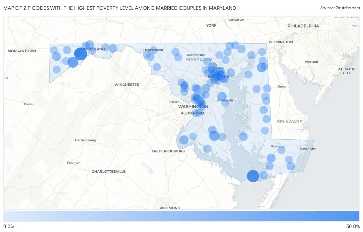 Zip Codes with the Highest Poverty Level Among Married Couples in Maryland Map