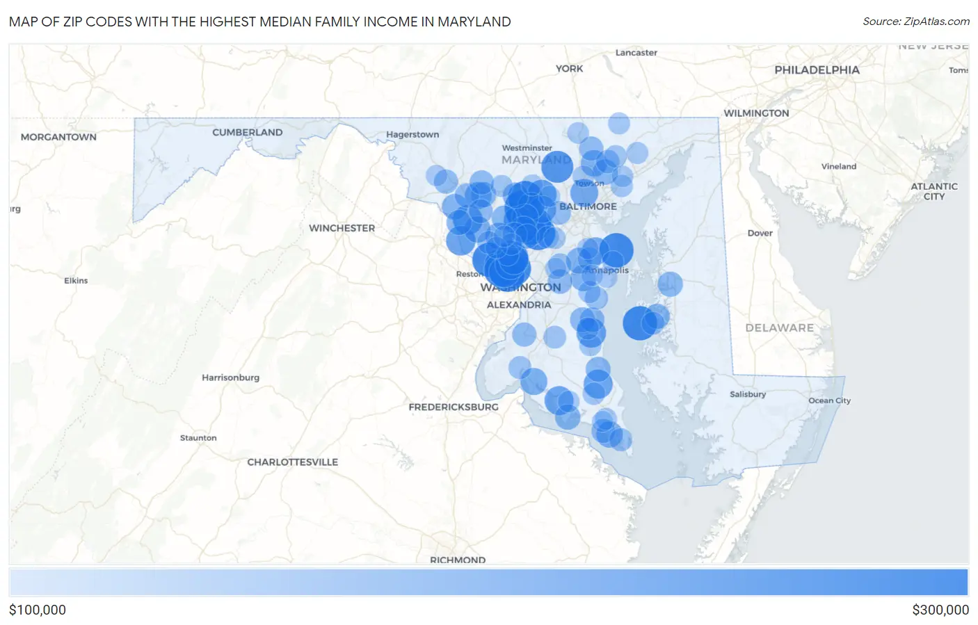 Zip Codes with the Highest Median Family Income in Maryland Map