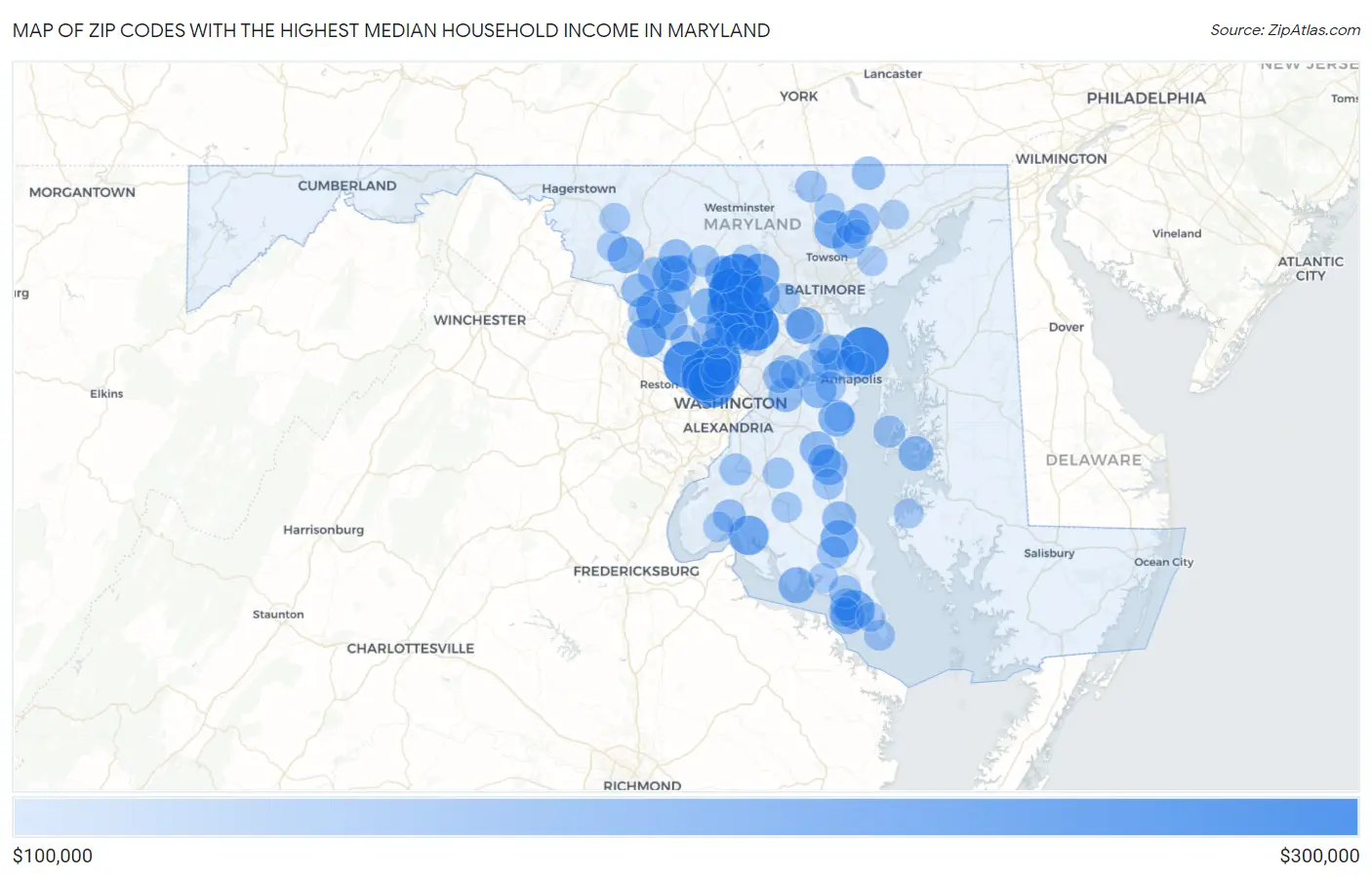 Zip Codes with the Highest Median Household Income in Maryland Map