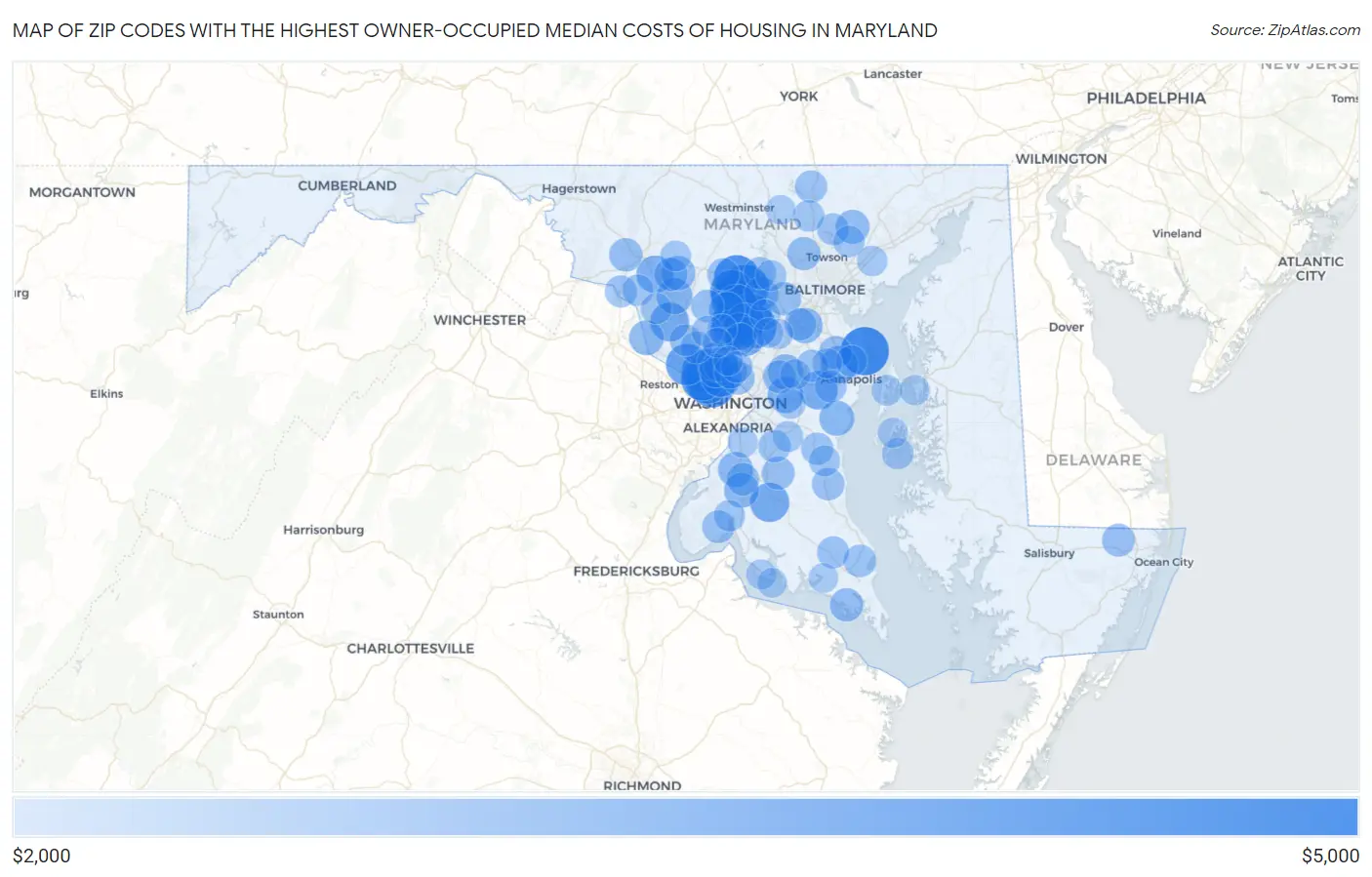 Zip Codes with the Highest Owner-Occupied Median Costs of Housing in Maryland Map