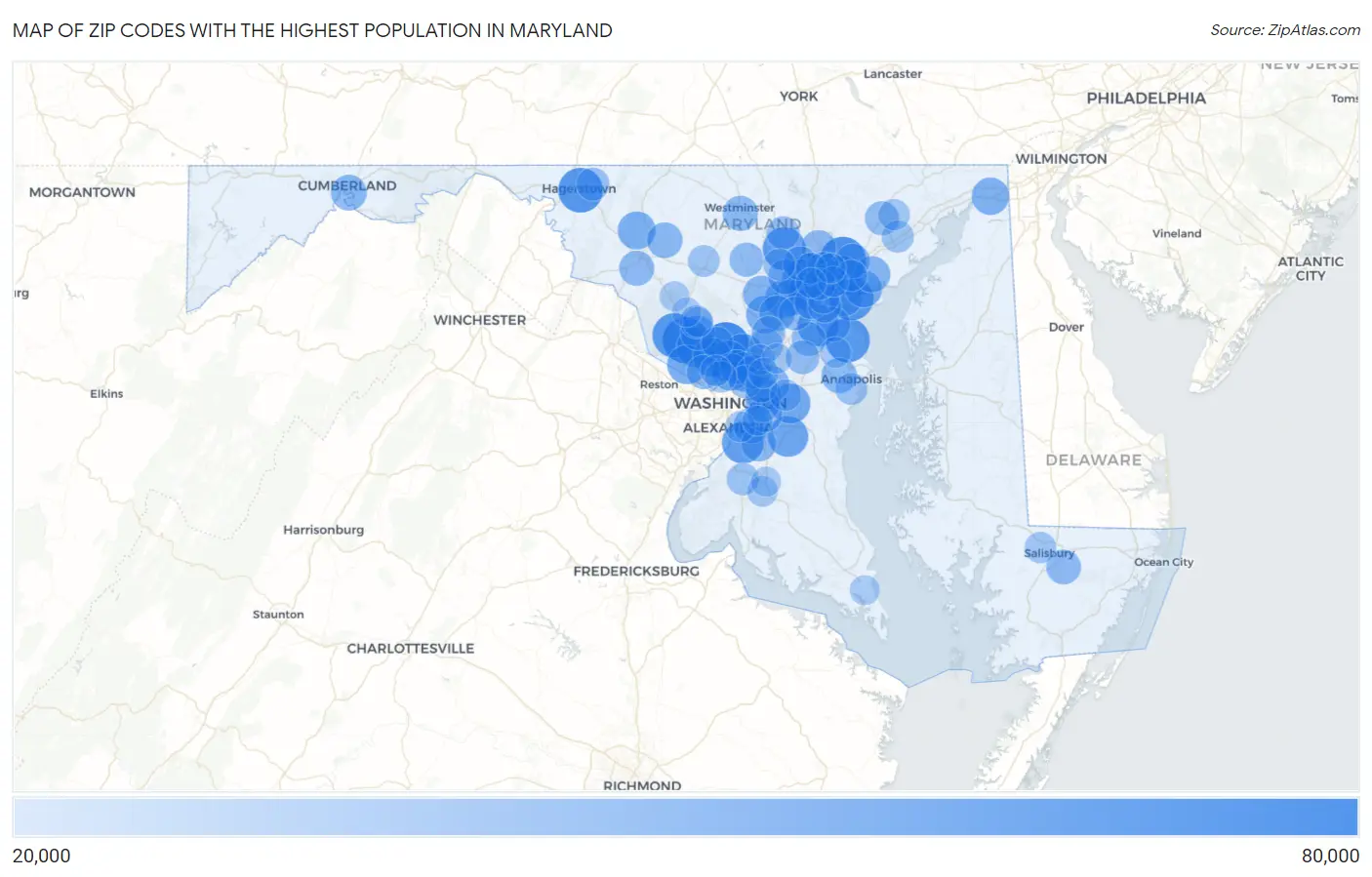 Zip Codes with the Highest Population in Maryland Map