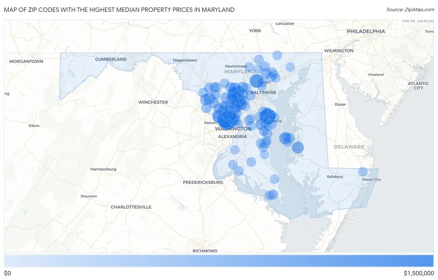 Zip Codes with the Highest Median Property Prices in Maryland Map