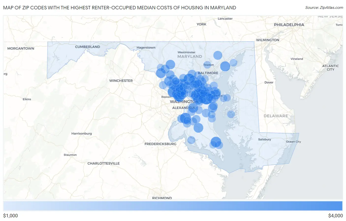 Zip Codes with the Highest Renter-Occupied Median Costs of Housing in Maryland Map