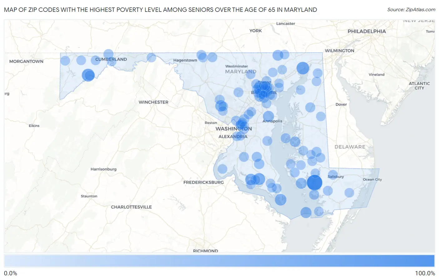 Zip Codes with the Highest Poverty Level Among Seniors Over the Age of 65 in Maryland Map