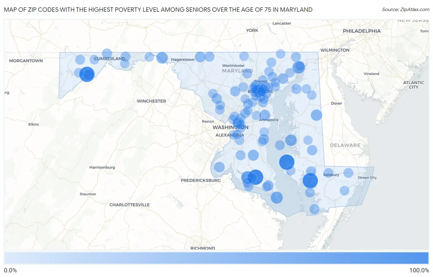 Zip Codes with the Highest Poverty Level Among Seniors Over the Age of 75 in Maryland Map