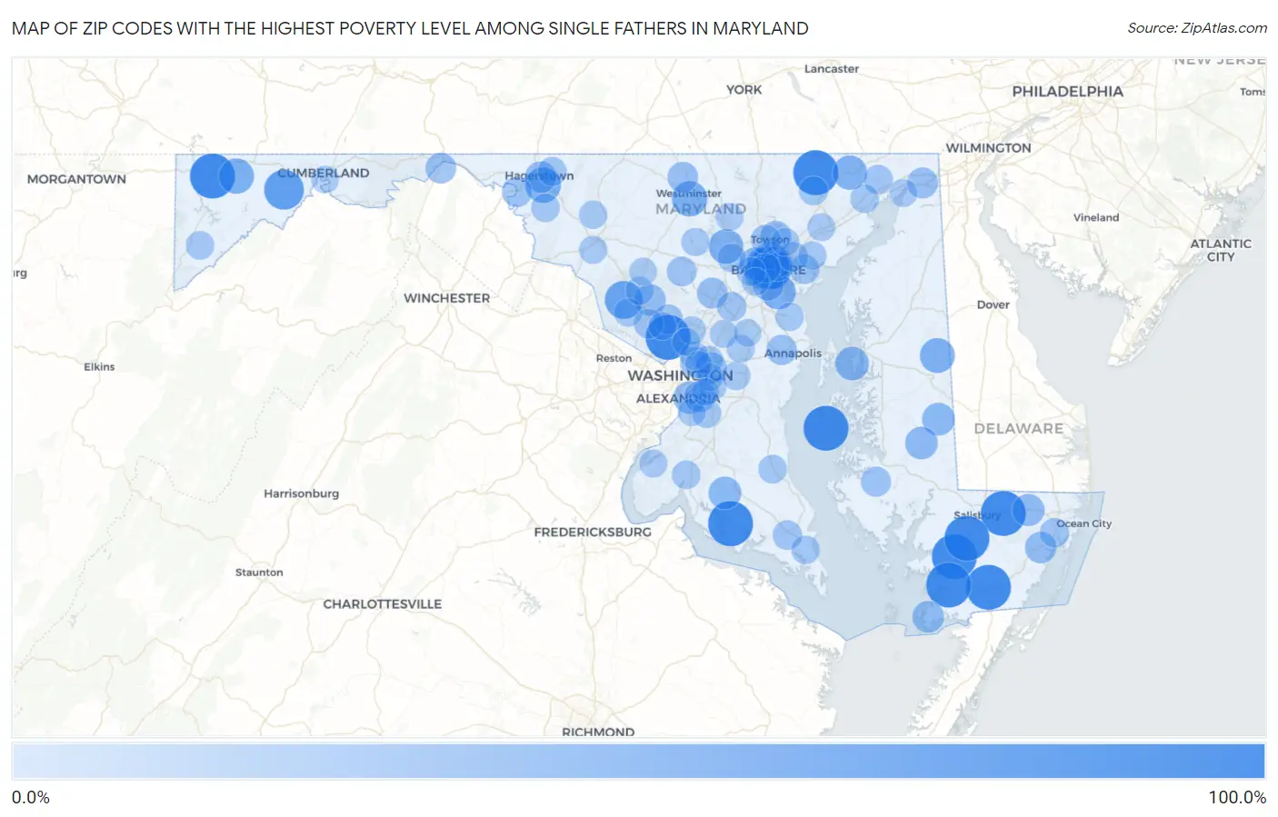 Zip Codes with the Highest Poverty Level Among Single Fathers in Maryland Map