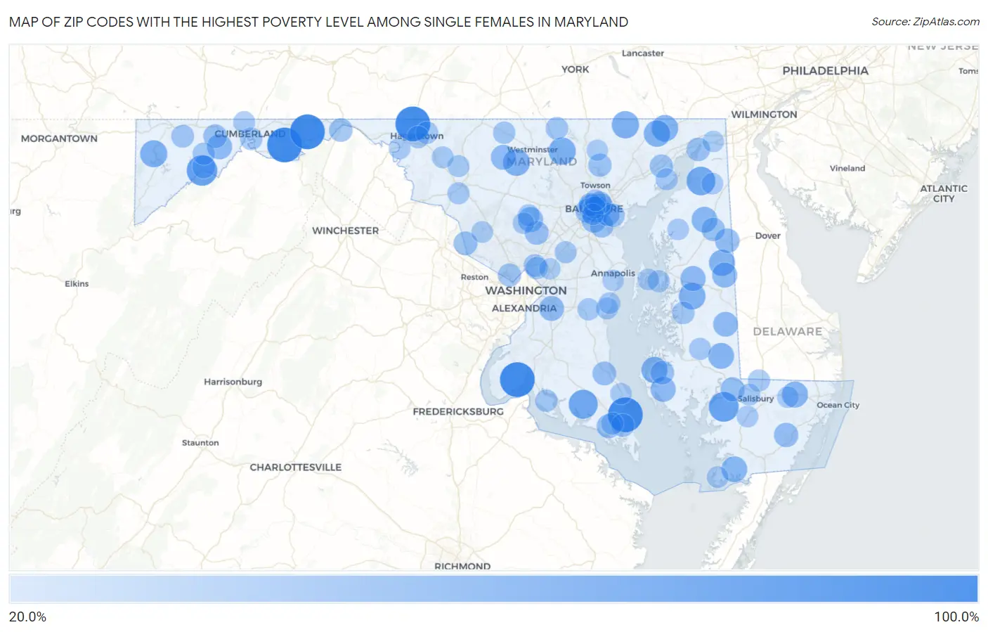 Zip Codes with the Highest Poverty Level Among Single Females in Maryland Map
