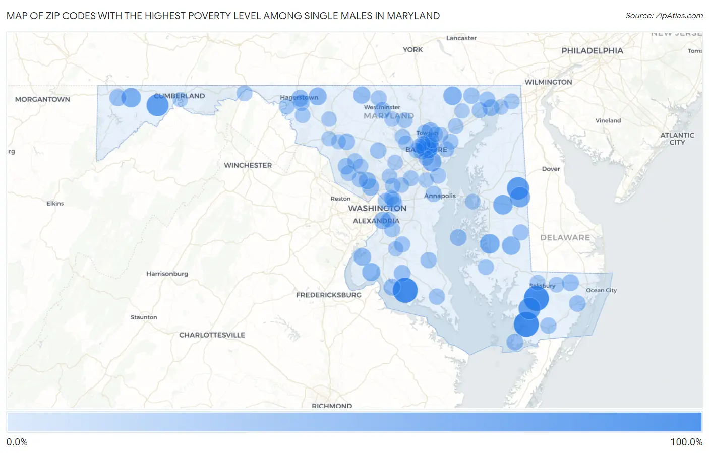 Zip Codes with the Highest Poverty Level Among Single Males in Maryland Map