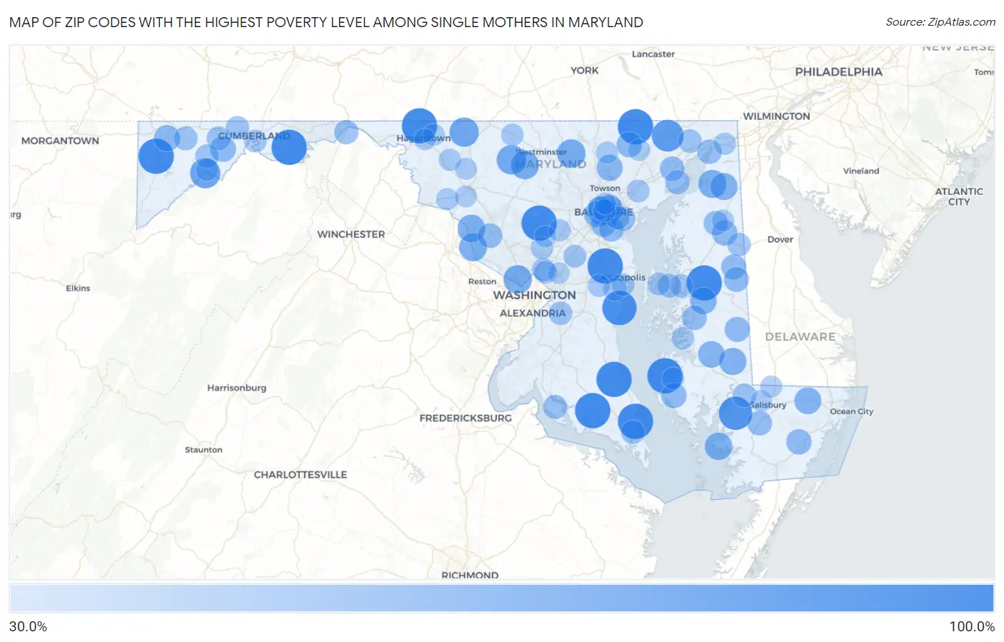 Zip Codes with the Highest Poverty Level Among Single Mothers in Maryland Map