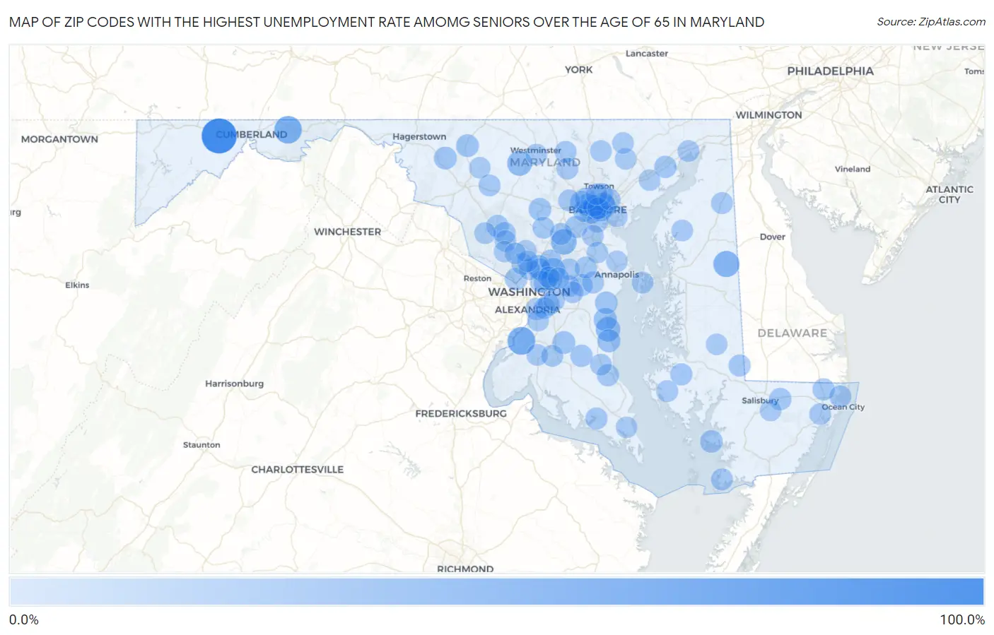 Zip Codes with the Highest Unemployment Rate Amomg Seniors Over the Age of 65 in Maryland Map