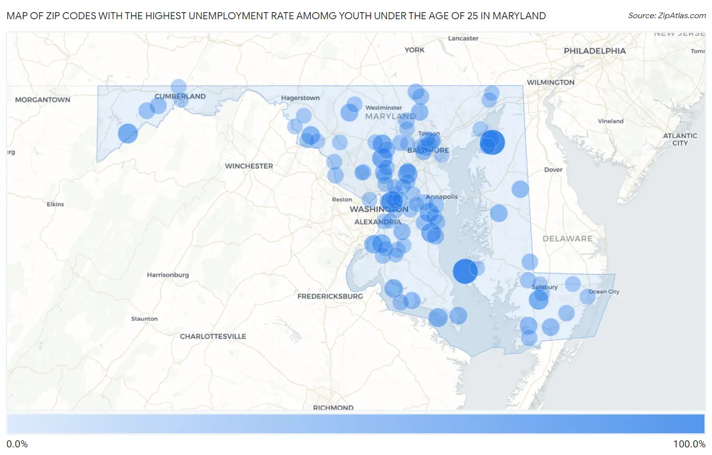 Zip Codes with the Highest Unemployment Rate Amomg Youth Under the Age of 25 in Maryland Map