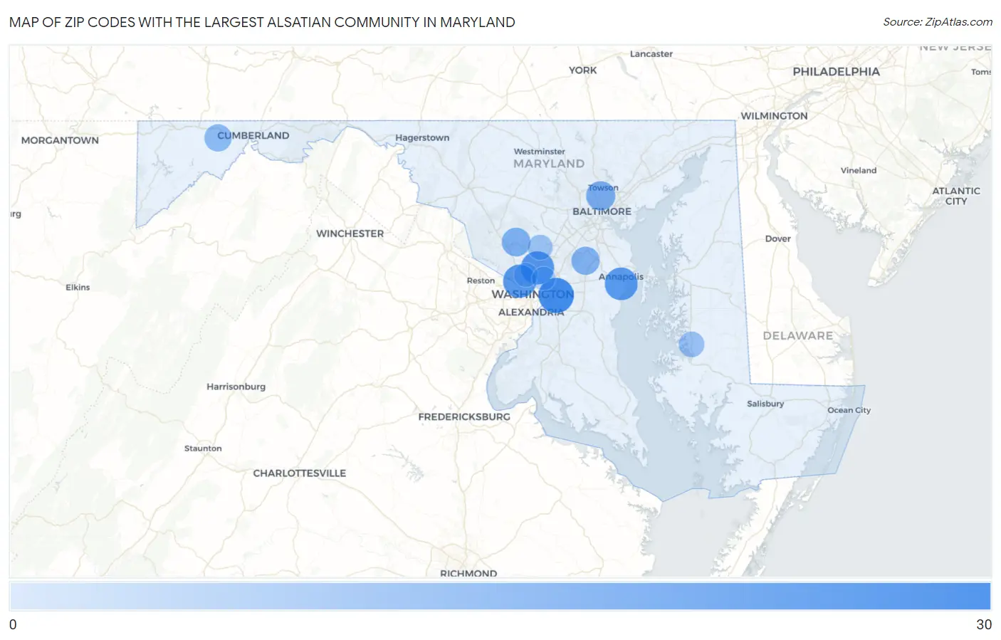 Zip Codes with the Largest Alsatian Community in Maryland Map