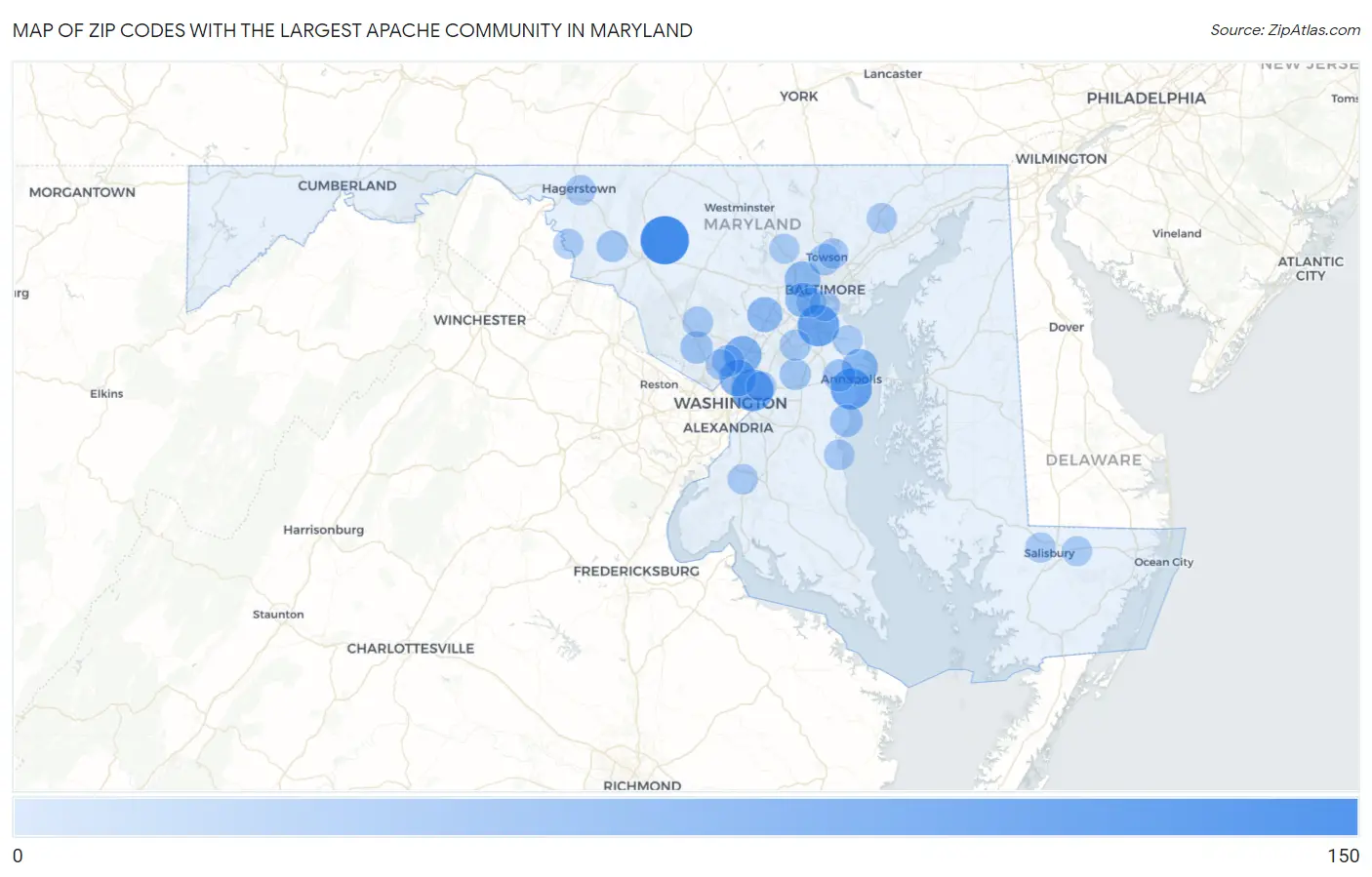 Zip Codes with the Largest Apache Community in Maryland Map