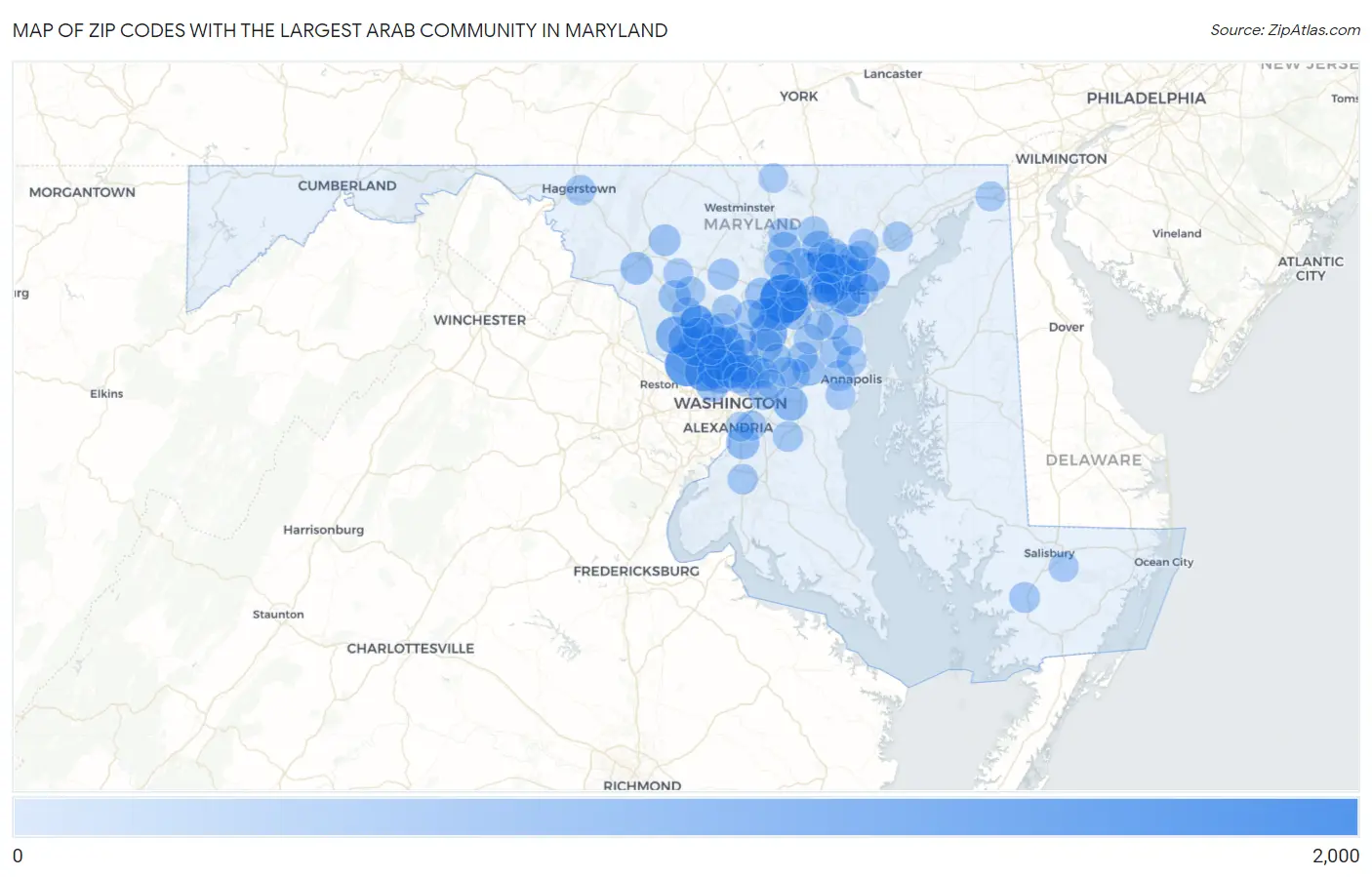 Zip Codes with the Largest Arab Community in Maryland Map