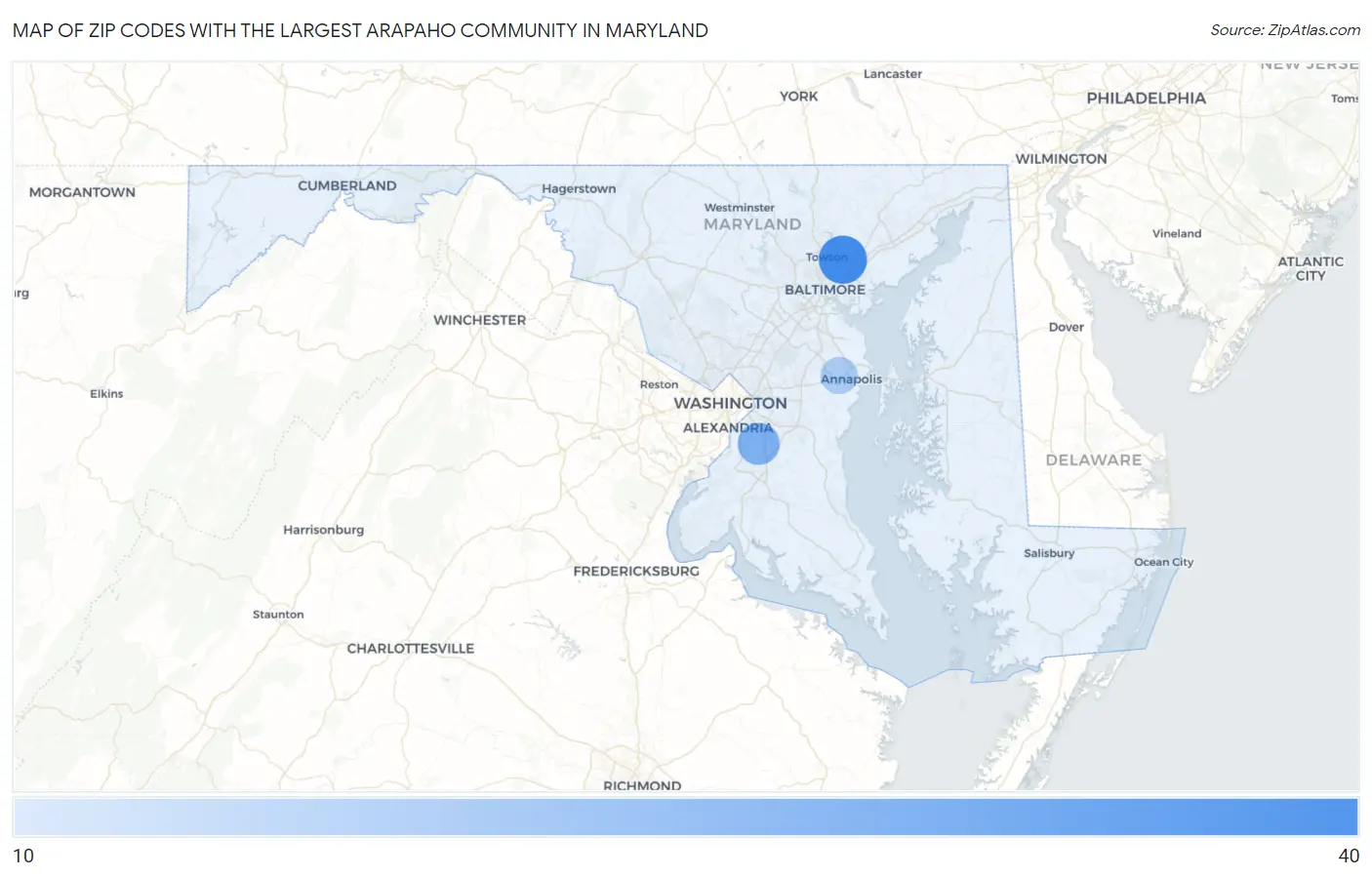 Zip Codes with the Largest Arapaho Community in Maryland Map