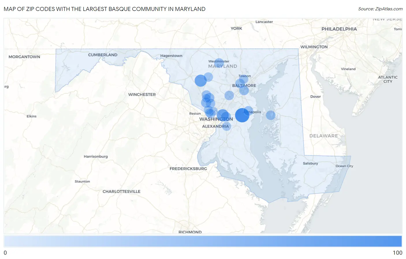 Zip Codes with the Largest Basque Community in Maryland Map