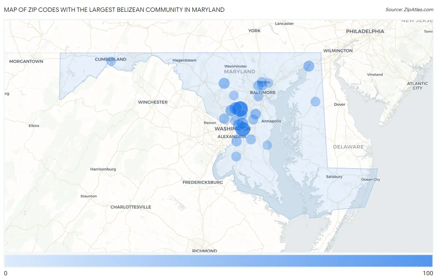 Zip Codes with the Largest Belizean Community in Maryland Map