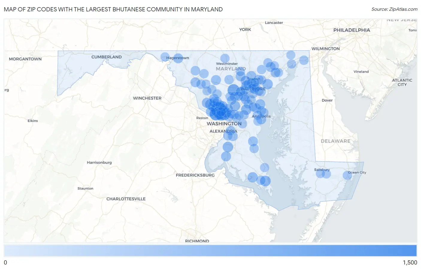 Zip Codes with the Largest Bhutanese Community in Maryland Map