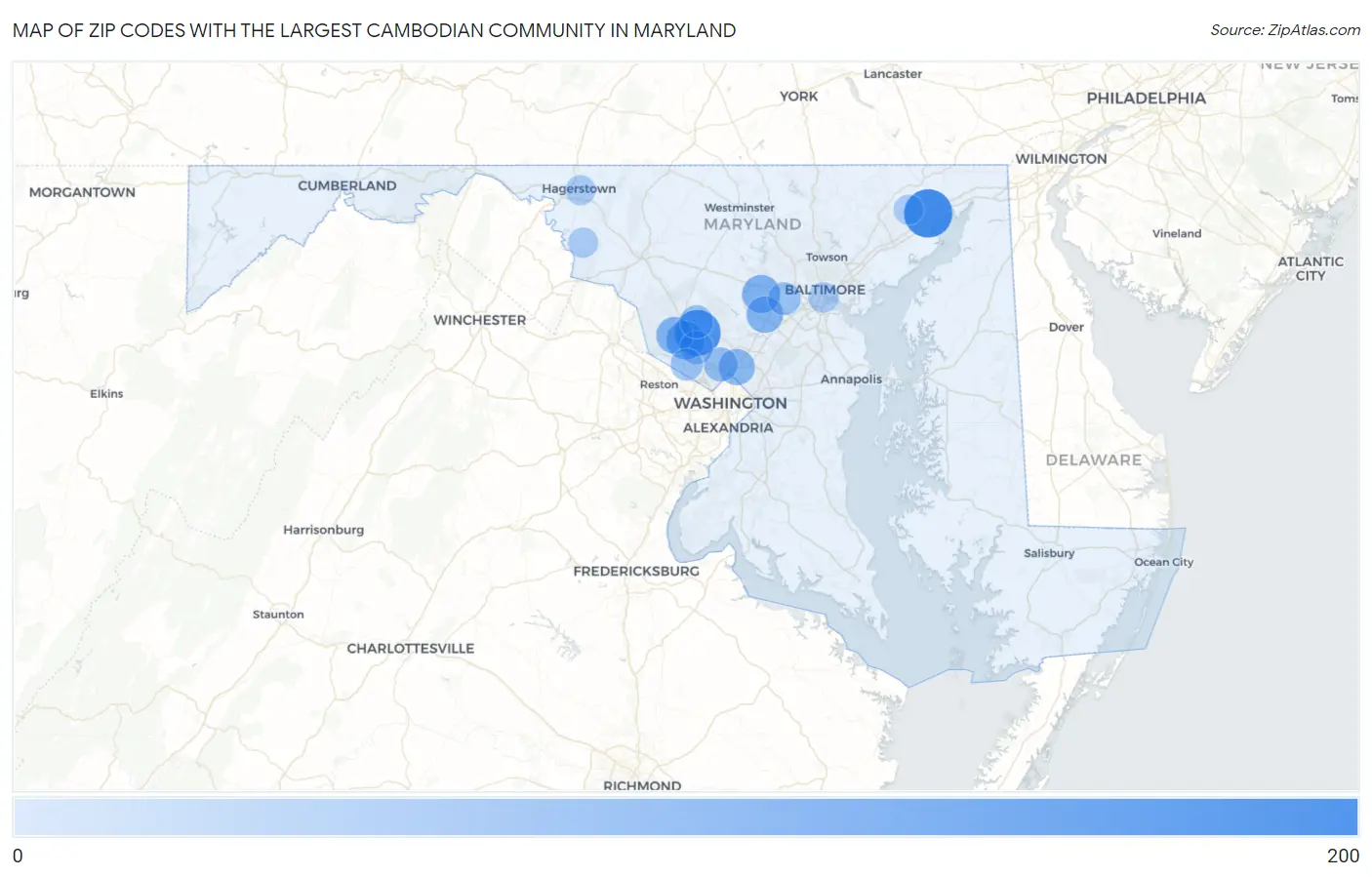 Zip Codes with the Largest Cambodian Community in Maryland Map