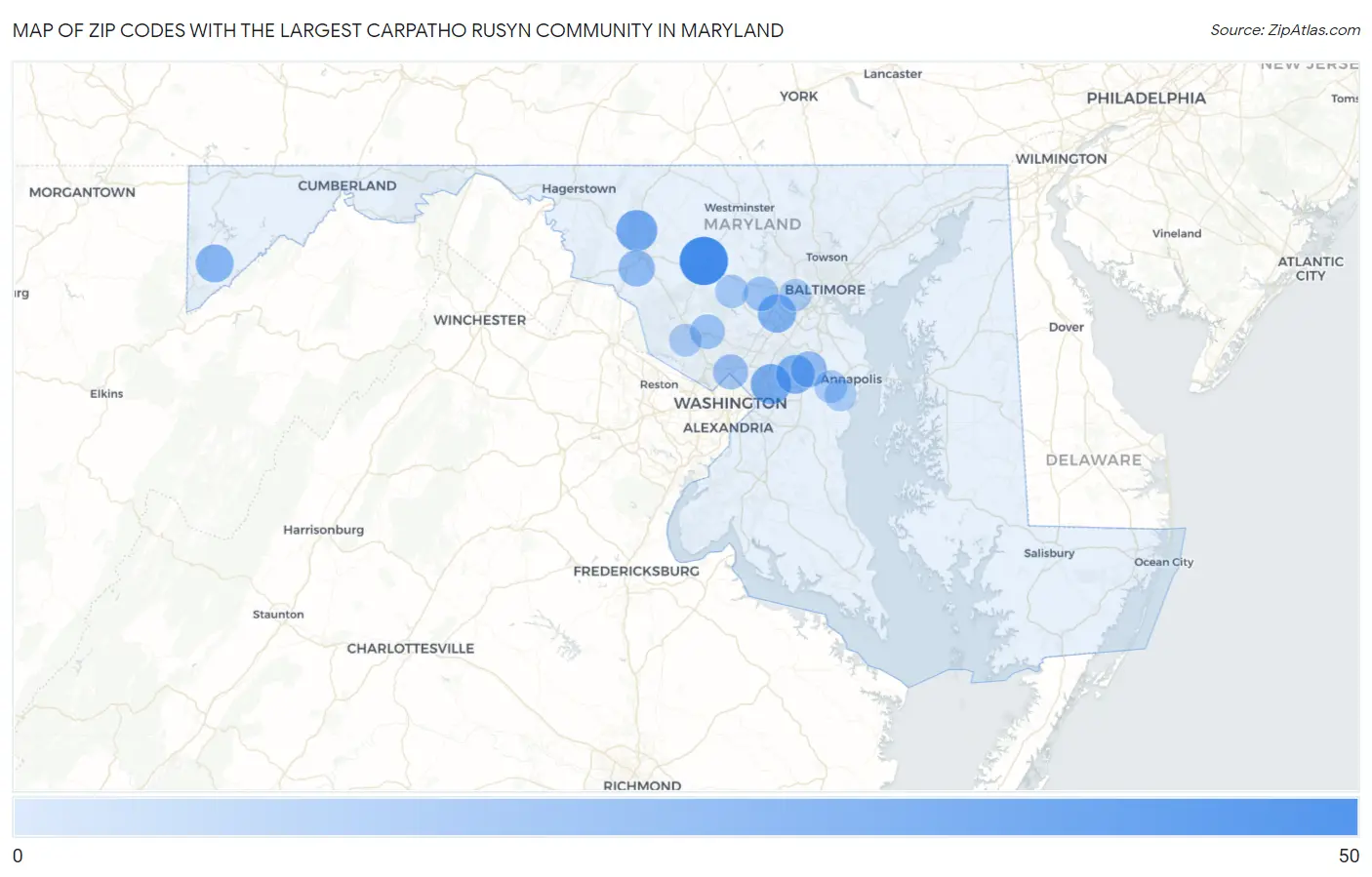 Zip Codes with the Largest Carpatho Rusyn Community in Maryland Map