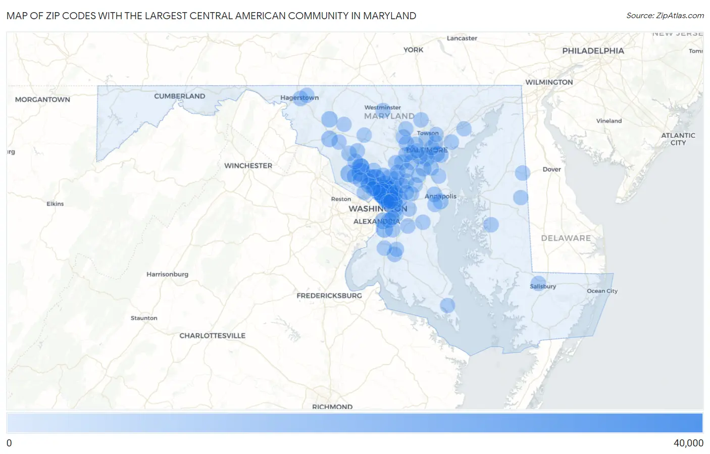 Zip Codes with the Largest Central American Community in Maryland Map