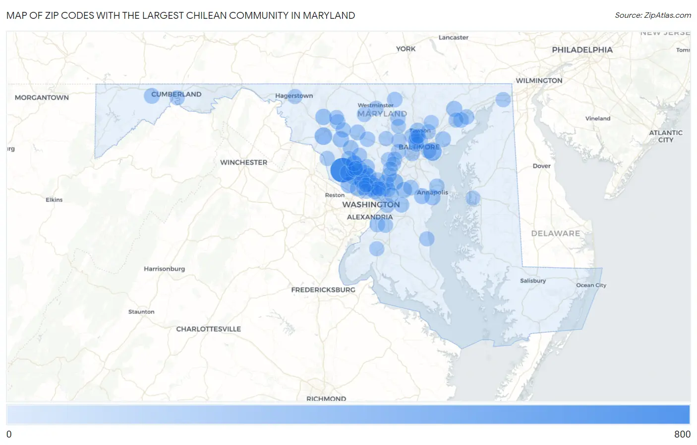 Zip Codes with the Largest Chilean Community in Maryland Map