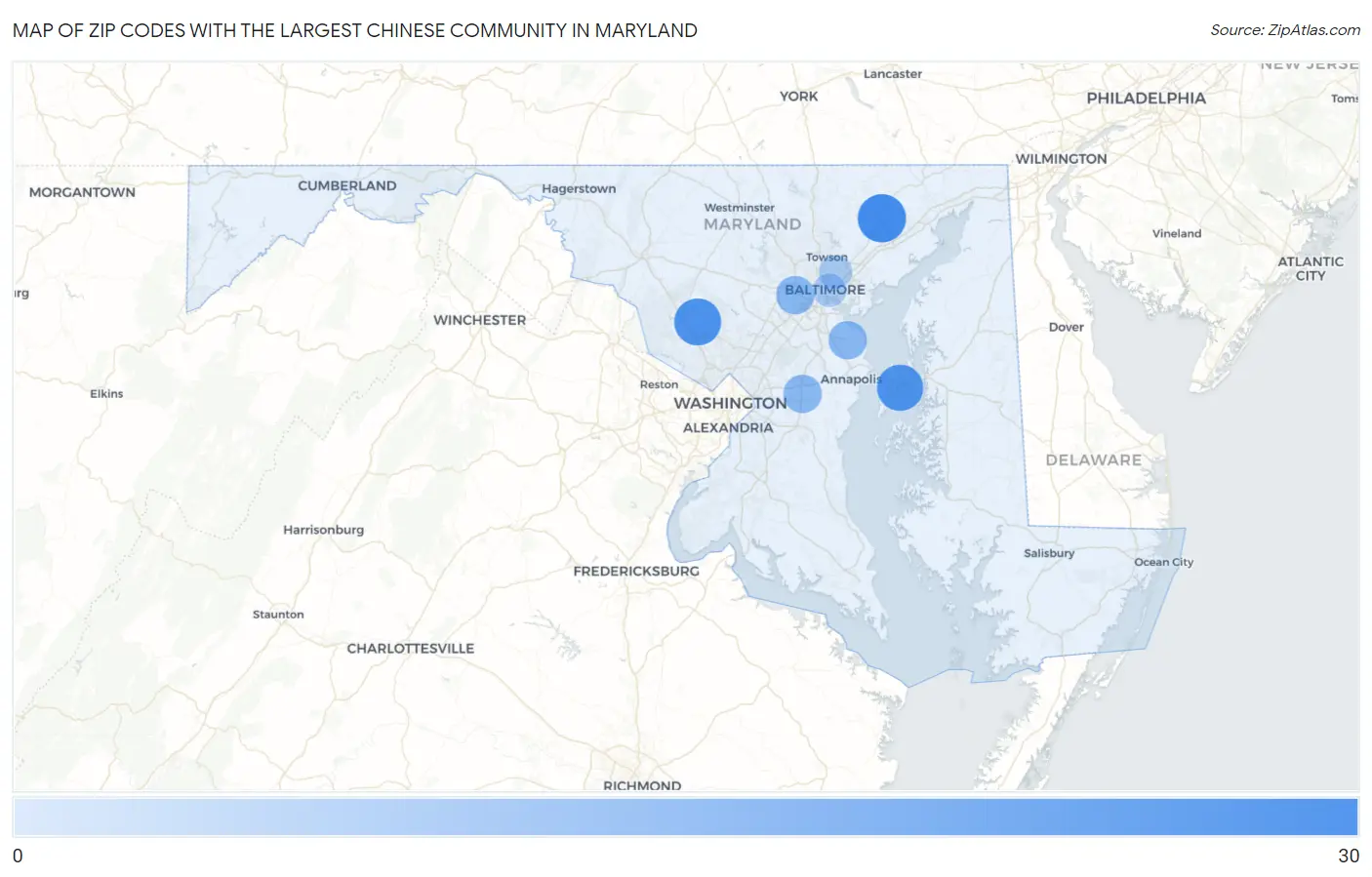 Zip Codes with the Largest Chinese Community in Maryland Map