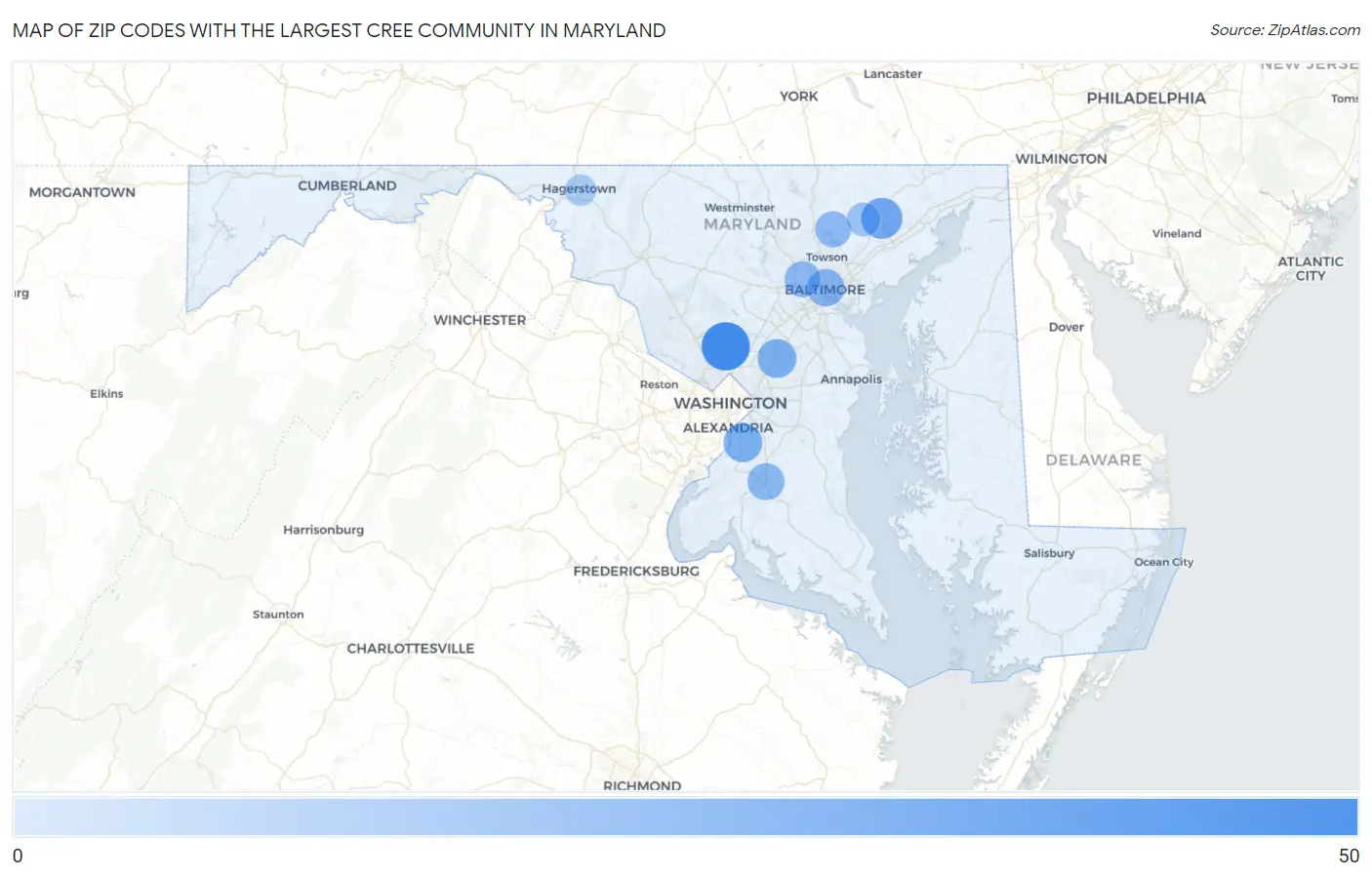 Zip Codes with the Largest Cree Community in Maryland Map