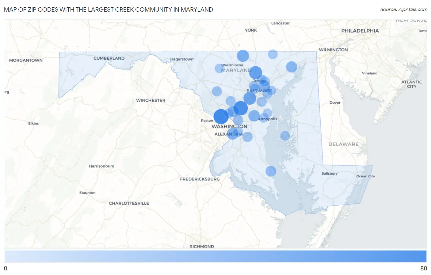 Zip Codes with the Largest Creek Community in Maryland Map